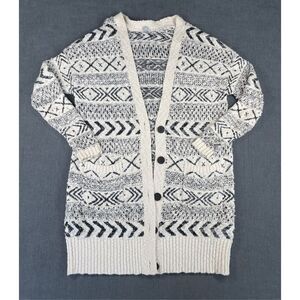 Ecote Cardigan Sweater Women M Cream Black Aztec Long Knit Boho Button Front
